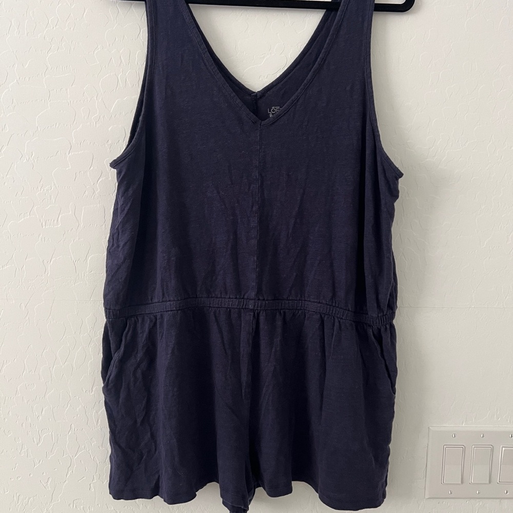 Ann Taylor LOFT Beach Women’s XL 100% Linen Navy Sleeveless Romper V-Neck